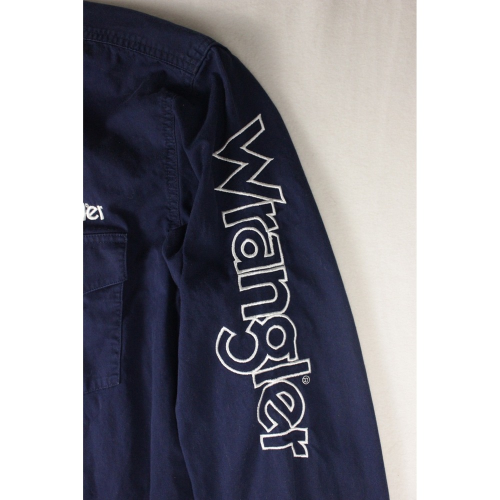 Wrangler Spell Out Logo Shirt Mens LT Blue Rodeo Western Sleeve Hit - Picture 4 of 8